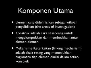 Komponen Utama
• Elemen yang dideﬁnisikan sebagai wilayah
  penyelidikan (the areas of investigation)
• Konstruk adalah cara seseorang untuk
  mengelompokkan dan membedakan antar
  elemen-elemen
• Mekanisme Keterkaitan (linking mechanism)
  adalah skala rating yang menunjukkan
  bagiamana tiap elemen dinilai dalam setiap
  konstruk
 