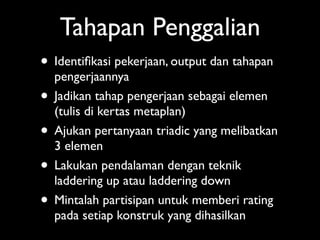 Tahapan Penggalian
• Identiﬁkasi pekerjaan, output dan tahapan
    pengerjaannya
•   Jadikan tahap pengerjaan sebagai elemen
    (tulis di kertas metaplan)
•   Ajukan pertanyaan triadic yang melibatkan
    3 elemen
•   Lakukan pendalaman dengan teknik
    laddering up atau laddering down
•   Mintalah partisipan untuk memberi rating
    pada setiap konstruk yang dihasilkan
 