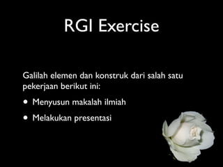 RGI Exercise

Galilah elemen dan konstruk dari salah satu
pekerjaan berikut ini:
• Menyusun makalah ilmiah
• Melakukan presentasi
 