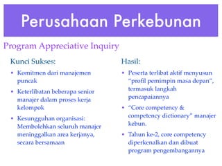 Perusahaan Perkebunan
Program Appreciative Inquiry
 Kunci Sukses:                    Hasil:
 • Komitmen dari manajemen        • Peserta terlibat aktif menyusun
   puncak                           “proﬁl pemimpin masa depan”,
 • Keterlibatan beberapa senior     termasuk langkah
   manajer dalam proses kerja       pencapaiannya
   kelompok                       • “Core competency &
 • Kesungguhan organisasi:          competency dictionary” manajer
   Membolehkan seluruh manajer      kebun.
   meninggalkan area kerjanya,    • Tahun ke-2, core competency
   secara bersamaan                 diperkenalkan dan dibuat
                                    program pengembangannya
 