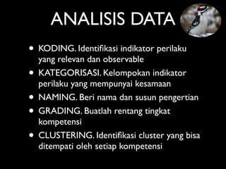 ANALISIS DATA
• KODING. Identiﬁkasi indikator perilaku
    yang relevan dan observable
•   KATEGORISASI. Kelompokan indikator
    perilaku yang mempunyai kesamaan
•   NAMING. Beri nama dan susun pengertian
•   GRADING. Buatlah rentang tingkat
    kompetensi
•   CLUSTERING. Identiﬁkasi cluster yang bisa
    ditempati oleh setiap kompetensi
 