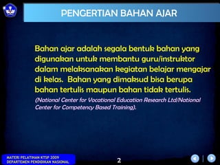 PENGERTIAN BAHAN AJAR


             Bahan ajar adalah segala bentuk bahan yang
             digunakan untuk membantu guru/instruktor
             dalam melaksanakan kegiatan belajar mengajar
             di kelas. Bahan yang dimaksud bisa berupa
             bahan tertulis maupun bahan tidak tertulis.
             (National Center for Vocational Education Research Ltd/National
             Center for Competency Based Training).




MATERI PELATIHAN KTSP 2009
DEPARTEMEN PENDIDIKAN NASIONAL              2
 