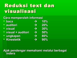 Reduksi text danReduksi text dan
visualisasivisualisasi
Cara memperoleh informasiCara memperoleh informasi
 bacabaca  10%10%
 auditoriauditori  20%20%
 visualvisual  30%30%
 visual + auditorivisual + auditori  50%50%
 ungkapanungkapan  80%80%
 KinestetikKinestetik  90%90%
Ajak pendengar memahami melalui berbagaiAjak pendengar memahami melalui berbagai
inderaindera
 