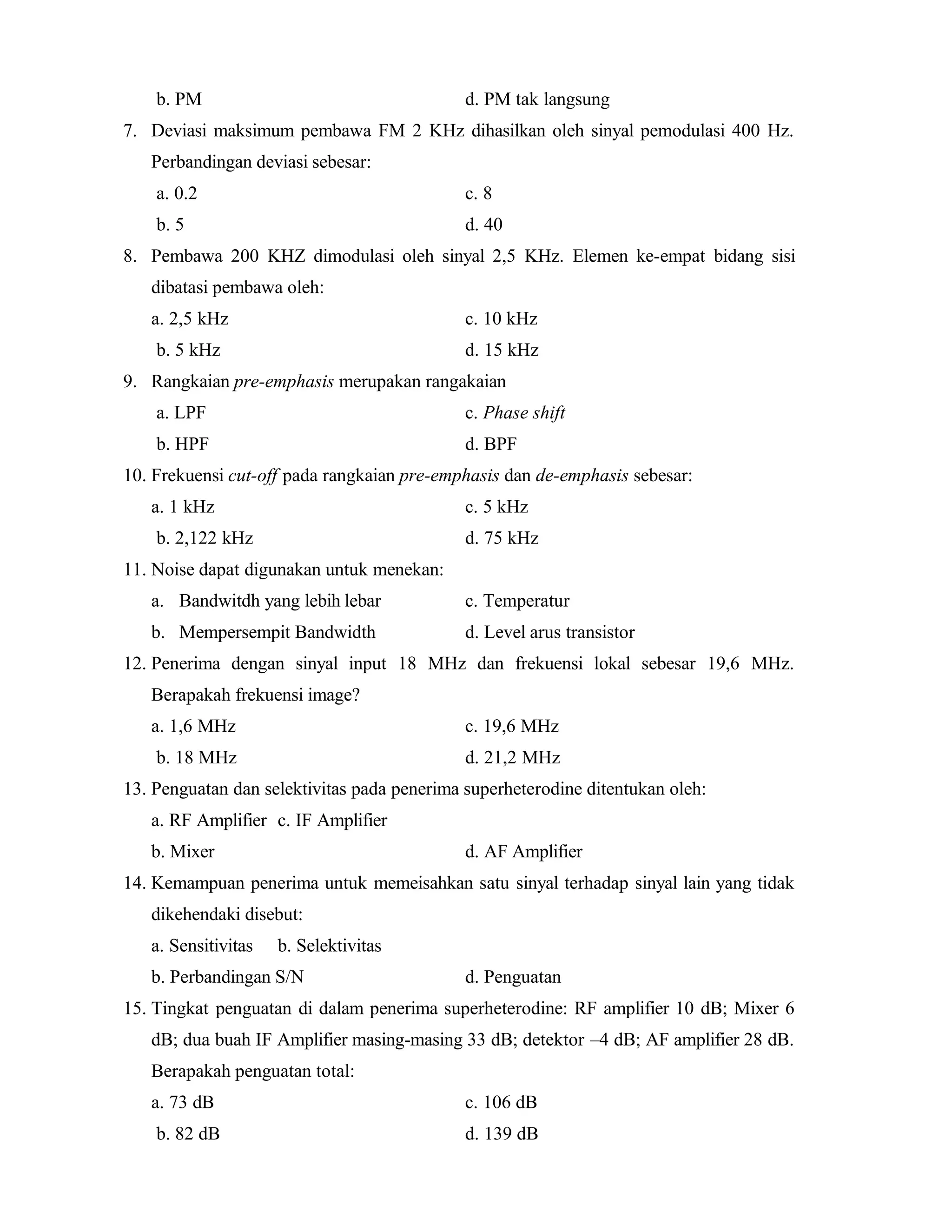 b. PM d. PM tak langsung
7. Deviasi maksimum pembawa FM 2 KHz dihasilkan oleh sinyal pemodulasi 400 Hz.
Perbandingan deviasi sebesar:
a. 0.2 c. 8
b. 5 d. 40
8. Pembawa 200 KHZ dimodulasi oleh sinyal 2,5 KHz. Elemen ke-empat bidang sisi
dibatasi pembawa oleh:
a. 2,5 kHz c. 10 kHz
b. 5 kHz d. 15 kHz
9. Rangkaian pre-emphasis merupakan rangakaian
a. LPF c. Phase shift
b. HPF d. BPF
10. Frekuensi cut-off pada rangkaian pre-emphasis dan de-emphasis sebesar:
a. 1 kHz c. 5 kHz
b. 2,122 kHz d. 75 kHz
11. Noise dapat digunakan untuk menekan:
a. Bandwitdh yang lebih lebar c. Temperatur
b. Mempersempit Bandwidth d. Level arus transistor
12. Penerima dengan sinyal input 18 MHz dan frekuensi lokal sebesar 19,6 MHz.
Berapakah frekuensi image?
a. 1,6 MHz c. 19,6 MHz
b. 18 MHz d. 21,2 MHz
13. Penguatan dan selektivitas pada penerima superheterodine ditentukan oleh:
a. RF Amplifier c. IF Amplifier
b. Mixer d. AF Amplifier
14. Kemampuan penerima untuk memeisahkan satu sinyal terhadap sinyal lain yang tidak
dikehendaki disebut:
a. Sensitivitas b. Selektivitas
b. Perbandingan S/N d. Penguatan
15. Tingkat penguatan di dalam penerima superheterodine: RF amplifier 10 dB; Mixer 6
dB; dua buah IF Amplifier masing-masing 33 dB; detektor –4 dB; AF amplifier 28 dB.
Berapakah penguatan total:
a. 73 dB c. 106 dB
b. 82 dB d. 139 dB
 