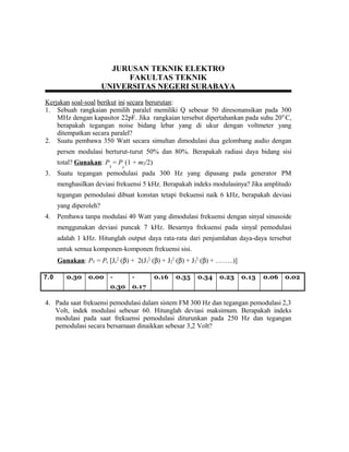 JURUSAN TEKNIK ELEKTRO
FAKULTAS TEKNIK
UNIVERSITAS NEGERI SURABAYA
Kerjakan soal-soal berikut ini secara berurutan:
1. Sebuah rangkaian pemilih paralel memiliki Q sebesar 50 diresonansikan pada 300
MHz dengan kapasitor 22pF. Jika rangkaian tersebut dipertahankan pada suhu 200
C,
berapakah tegangan noise bidang lebar yang di ukur dengan voltmeter yang
ditempatkan secara paralel?
2. Suatu pembawa 350 Watt secara simultan dimodulasi dua gelombang audio dengan
persen modulasi berturut-turut 50% dan 80%. Berapakah radiasi daya bidang sisi
total? Gunakan: P
T
= P
c
(1 + m2/2)
3. Suatu tegangan pemodulasi pada 300 Hz yang dipasang pada generator PM
menghasilkan deviasi frekuensi 5 kHz. Berapakah indeks modulasinya? Jika amplitudo
tegangan pemodulasi dibuat konstan tetapi frekuensi naik 6 kHz, berapakah deviasi
yang diperoleh?
4. Pembawa tanpa modulasi 40 Watt yang dimodulasi frekuensi dengan sinyal sinusoide
menggunakan deviasi puncak 7 kHz. Besarnya frekuensi pada sinyal pemodulasi
adalah 1 kHz. Hitunglah output daya rata-rata dari penjumlahan daya-daya tersebut
untuk semua komponen-komponen frekuensi sisi.
Gunakan: PT = Pc [Jo
2
(β) + 2(J1
2
(β) + J2
2
(β) + J3
2
(β) + ……..)]
7.0 0.30 0.00 -
0.30
-
0.17
0.16 0.35 0.34 0.23 0.13 0.06 0.02
4. Pada saat frekuensi pemodulasi dalam sistem FM 300 Hz dan tegangan pemodulasi 2,3
Volt, indek modulasi sebesar 60. Hitunglah deviasi maksimum. Berapakah indeks
modulasi pada saat frekuensi pemodulasi diturunkan pada 250 Hz dan tegangan
pemodulasi secara bersamaan dinaikkan sebesar 3,2 Volt?
 