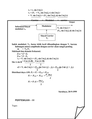 v2 =v1 sin 2 π fc t
v2 = (Vc + Vm sin 2 π fm t ) sin 2 π fc t
= Vc sin 2 π fc t + (Vm sin 2 π fm t)( sin 2 π fc t)
Carrier + Modulasi + carrier
Indek modulasi: Vm harus lebih kecil dibandingkan dengan Vc karena
hubungan antara amplitudo dengan carrier akan sangat penting.
m = Vm/Vc
Sideband dan domain frekuensi:
fUSB = fc + fm
fLSB = fc – fm
v2 = Vc sin 2 π fc t + (Vm sin 2 π fm t)( sin 2 π fc t)
Sin A sin B = Cos (A-B)
–
Cos (A+B)
2 2
e2 = Vc sin 2 π fc t + (Vm sin 2 π t ( fc - fm) - (Vm sin 2 πt ( fc + fm)
2 2
Distribusi daya AM: PT = Pc + PLSB + PUSB
Ps = PLSB = PUSB = P
c
(m2)
4
PT = Pc (1 + (m2) )
2
Surabaya, 20-9-1999
Tugas:
Informasi/Sinyal
modulasi vm
Modulator
Vc sin 2 π fc t +
(Vm sin 2 π fm t)( sin 2 π fc t)
Sinyal Carrier
Vc
Output
PERTEMUAN - III
 