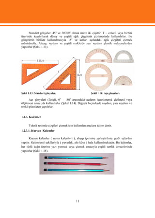 Standart gönyeler, 45o ve 30o/60o olmak üzere iki çeşittir. T – cetveli veya birbiri
üzerinde kaydırılarak düşey ve çeşitli eğik çizgilerin çizilmesinde kullanılırlar. Bu
gönyelerin birlikte kullanılmasıyla 15o ve katları açılardaki eğik çizgileri çizmek
mümkündür. Ahşap, saydam ve çeşitli renklerde yarı saydam plastik malzemelerden
yapılırlar (Şekil 1.13).




Şekil 1.13: Standart gönyeler.                           Şekil 1.14: Açı gönyeleri.

      Açı gönyeleri (İletki), 0o – 180o arasındaki açıların işaretlenerek çizilmesi veya
ölçülmesi amacıyla kullanılırlar (Şekil 1.14). Değişik biçimlerde saydam, yarı saydam ve
renkli plastikten yapılırlar.


1.2.3. Kalemler

      Teknik resimde çizgileri çizmek için kullanılan araçlara kalem denir.
1.2.3.1. Kurşun Kalemler

       Kurşun kalemler ( resim kalemleri ), ahşap içerisine yerleştirilmiş grafit uçlardan
yapılır. Geleneksel şekilleriyle ( yuvarlak, altı köşe ) hala kullanılmaktadır. Bu kalemler,
her türlü kağıt üzerine yazı yazmak veya çizmek amacıyla çeşitli sertlik derecelerinde
yapılırlar (Şekil 1.15).




                                             11
 