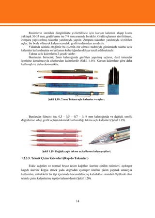 Resimlerin istenilen düzgünlükte çizilebilmesi için kurşun kalemin ahşap kısmı
yaklaşık 30-35 mm, grafit kısmı ise 7-9 mm arasında bırakılır. Grafit uçlarının sivriltilmesi,
zımpara yapıştırılmış takozlar yardımıyla yapılır. Zımpara takozları yardımıyla sivriltilen
uçlar, bir bezle silinerek kalem ucundaki grafit tozlarından arındırılır.
       Yukarıda sözünü ettiğimiz bu işlemin zor olması nedeniyle günümüzde takma uçlu
kalemler kullanılmakta ve kullanım kolaylığından dolayı tercih edilmektedir.
       Takma uçlu kalemlerin 2 çeşidi vardır :
       Bunlardan birincisi; 2mm kalınlığında grafitten yapılmış uçların, özel tutucular
içerisine konulmasıyla oluşturulan kalemlerdir (Şekil 1.18). Kurşun kalemlere göre daha
kullanışlı ve daha ekonomiktir.




                      Şekil 1.18: 2 mm Takma uçlu kalemler ve uçları.




      Bunlardan ikincisi ise; 0,3 - 0,5 – 0,7 – 0, 9 mm kalınlığında ve değişik sertlik
değerlerine sahip grafit uçların takılarak kullanıldığı takma uçlu kalemler (Şekil 1.19).




                 Şekil 1.19: Değişik çaplı takma uç kullanan kalem çeşitleri.

1.2.3.3. Teknik Çizim Kalemleri (Rapido Takımları)

      Eskiz kağıtları ve normal beyaz resim kağıtları üzerine çizilen resimleri, aydınger
kağıdı üzerine kopya etmek yada doğrudan aydınger üzerine çizim yapmak amacıyla
kullanılan, mürekkebi bir tüp içerisinde korunabilen, uç kalınlıkları standart ölçülerde olan
teknik çizim kalemlerine rapido kalemi denir (Şekil 1.20).




                                              14
 