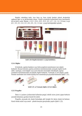 Rapido; mürekkep tankı, ince boru uç, boru içinde hareket ederek akışkanlığı
sağlayan iğne ve uç gövdesinden oluşur. Teknik çizimlerde kullanılmak üzere hazırlanmış
iki uç dizisi vardır. Bunlar ; ( 0.13 , 0.18 , 0.25 , 0.35 , 0.5 , 0.7 , 1.0 , 1.4 , 2.0 mm ) veya
(0.1 , 0.2 , 0.3 , 0.4 , 0.5 , 0.6 , 0.8 , 1.0 , 1.2 mm ) çizgi kalınlığındaki uçlardır.




                        Şekil 1.20: Rapido kalemleri ve çizgi kalınlıkları.

1.2.4. Silgiler

       Çizimlerde, yapılan hataların veya fazla çizgilerin temizlenmesi için silgiler
kullanılır. Kurşun kalemle yapılan çizimlerin temizlenmesinde yumuşak silgiler tercih
edilir. Aydınger, resim kâğıdı veya çizim folyeleri üzerindeki mürekkeple yapılan
çizimlerin temizlenmesinde sert plastik silgiler kullanılır. Yumuşak ve sert silgiler, çeşitli
firmalar tarafından özel olarak üretilip özel numaralarıyla piyasada bulunurlar (Şekil 1.21).




                   a)                                                    b)
                            Şekil 1.21: a) Yumuşak silgiler, b) Sert silgiler.

1.2.5. Pergeller

     Daire ve yayların çizilmesinde kullanılan pergel, teknik resim çizimi yapan herkesin
yanında bulunması gereken önemli bir alettir.
     Pergeller, piyasada tek olarak bulunduğu gibi komple bir takım olarak da bulunur.
Genel olarak metal veya metal – plastik karışımı gereçlerden yapılır (Şekil 1.22).


                                                15
 