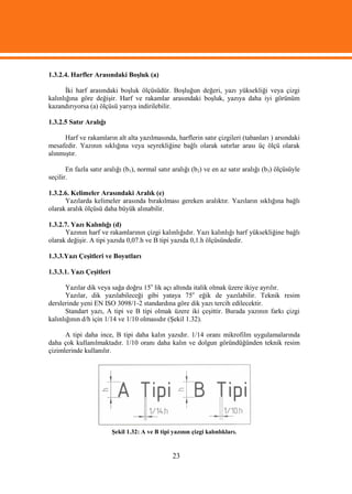 1.3.2.4. Harfler Arasındaki Boşluk (a)

       İki harf arasındaki boşluk ölçüsüdür. Boşluğun değeri, yazı yüksekliği veya çizgi
kalınlığına göre değişir. Harf ve rakamlar arasındaki boşluk, yazıya daha iyi görünüm
kazandırıyorsa (a) ölçüsü yarıya indirilebilir.

1.3.2.5 Satır Aralığı

      Harf ve rakamların alt alta yazılmasında, harflerin satır çizgileri (tabanları ) arsındaki
mesafedir. Yazının sıklığına veya seyrekliğine bağlı olarak satırlar arası üç ölçü olarak
alınmıştır.

       En fazla satır aralığı (b1), normal satır aralığı (b2) ve en az satır aralığı (b3) ölçüsüyle
seçilir.

1.3.2.6. Kelimeler Arasındaki Aralık (e)
      Yazılarda kelimeler arasında bırakılması gereken aralıktır. Yazıların sıklığına bağlı
olarak aralık ölçüsü daha büyük alınabilir.

1.3.2.7. Yazı Kalınlığı (d)
      Yazının harf ve rakamlarının çizgi kalınlığıdır. Yazı kalınlığı harf yüksekliğine bağlı
olarak değişir. A tipi yazıda 0,07.h ve B tipi yazıda 0,1.h ölçüsündedir.

1.3.3.Yazı Çeşitleri ve Boyutları

1.3.3.1. Yazı Çeşitleri

       Yazılar dik veya sağa doğru 15o lik açı altında italik olmak üzere ikiye ayrılır.
       Yazılar, dik yazılabileceği gibi yataya 75o eğik de yazılabilir. Teknik resim
derslerinde yeni EN ISO 3098/1-2 standardına göre dik yazı tercih edilecektir.
       Standart yazı, A tipi ve B tipi olmak üzere iki çeşittir. Burada yazının farkı çizgi
kalınlığının d/h için 1/14 ve 1/10 olmasıdır (Şekil 1.32).

      A tipi daha ince, B tipi daha kalın yazıdır. 1/14 oranı mikrofilm uygulamalarında
daha çok kullanılmaktadır. 1/10 oranı daha kalın ve dolgun göründüğünden teknik resim
çizimlerinde kullanılır.




                          Şekil 1.32: A ve B tipi yazının çizgi kalınlıkları.


                                                  23
 