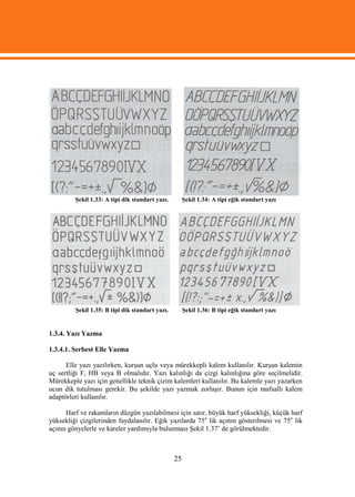 Şekil 1.33: A tipi dik standart yazı.        Şekil 1.34: A tipi eğik standart yazı




         Şekil 1.35: B tipi dik standart yazı.        Şekil 1.36: B tipi eğik standart yazı


1.3.4. Yazı Yazma

1.3.4.1. Serbest Elle Yazma

      Elle yazı yazılırken, kurşun uçlu veya mürekkepli kalem kullanılır. Kurşun kalemin
uç sertliği F, HB veya B olmalıdır. Yazı kalınlığı da çizgi kalınlığına göre seçilmelidir.
Mürekkeple yazı için genellikle teknik çizim kalemleri kullanılır. Bu kalemle yazı yazarken
ucun dik tutulması gerekir. Bu şekilde yazı yazmak zorlaşır. Bunun için mafsallı kalem
adaptörleri kullanılır.

      Harf ve rakamların düzgün yazılabilmesi için satır, büyük harf yüksekliği, küçük harf
yüksekliği çizgilerinden faydalanılır. Eğik yazılarda 75o lik açının gösterilmesi ve 75o lik
açının gönyelerle ve kareler yardımıyla bulunması Şekil 1.37’ de görülmektedir.



                                                 25
 