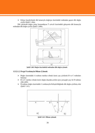 Gönye kaydırılarak dik kenarıyla doğruya üzerindeki noktadan geçen dik doğru
         çizilir (Şekil 1.60a).
     Dik çıkılacak doğru yatay konumdaysa T cetveli üzerindeki gönyenin dik kenarıyla
noktadan dik doğru çizilir (Şekil 1.60b).




                 Şekil 1.60: Doğru üzerindeki noktadan dik doğru çizmek

1.5.2.1.2. Pergel Yardımıyla Dikme Çıkmak

      Doğru üzerindeki A noktası merkez olmak üzere yay çizilerek B ve C noktaları
       bulunur.
      B ve C merkez olmak üzere doğru dışında çizilen aynı yarıçaplı yay ile D noktası
       elde edilir.
      D noktası doğru üzerindeki A noktasıyla birleştirildiğinde dik doğru çizilmiş olur
       (Şekil 1.61).




                               Şekil 1.61: Dikme çıkmak


                                           38
 