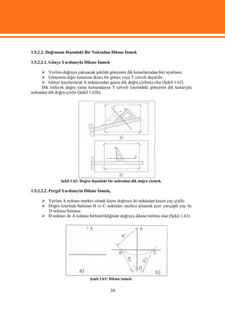 1.5.2.2. Doğrunun Dışındaki Bir Noktadan Dikme İnmek

1.5.2.2.1. Gönye Yardımıyla Dikme İnmek

      Verilen doğruya çakışacak şekilde gönyenin dik kenarlarından biri ayarlanır.
      Gönyenin diğer kenarına ikinci bir gönye veya T cetveli dayatılır.
      Gönye kaydırılarak A noktasından geçen dik doğru çizilmiş olur (Şekil 1.62).
     Dik inilecek doğru yatay konumdaysa T cetveli üzerindeki gönyenin dik kenarıyla
noktadan dik doğru çizilir (Şekil 1.62b).




               Şekil 1.62: Doğru dışındaki bir noktadan dik doğru çizmek.

1.5.2.2.2. Pergel Yardımıyla Dikme İnmek,

      Verilen A noktası merkez olmak üzere doğruyu iki noktadan kesen yay çizilir.
      Doğru üzerinde bulunan B ve C noktaları merkez alınarak aynı yarıçaplı yay ile
       D noktası bulunur.
      D noktası ile A noktası birleştirildiğinde doğruya dikme inilmiş olur (Şekil 1.63).




                                Şekil 1.63: Dikme inmek.


                                           39
 