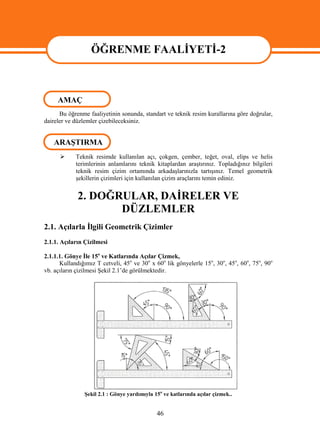 ÖĞRENME FAALİYETİ-2



     AMAÇ
                  ÖĞRENME FAALİYETİ -2
      Bu öğrenme faaliyetinin sonunda, standart ve teknik resim kurallarına göre doğrular,
daireler ve düzlemler çizebileceksiniz.


   ARAŞTIRMA
           Teknik resimde kullanılan açı, çokgen, çember, teğet, oval, elips ve helis
            terimlerinin anlamlarını teknik kitaplardan araştırınız. Topladığınız bilgileri
            teknik resim çizim ortamında arkadaşlarınızla tartışınız. Temel geometrik
            şekillerin çizimleri için kullanılan çizim araçlarını temin ediniz.


             2. DOĞRULAR, DAİRELER VE
                    DÜZLEMLER
2.1. Açılarla İlgili Geometrik Çizimler
2.1.1. Açıların Çizilmesi

2.1.1.1. Gönye İle 15o ve Katlarında Açılar Çizmek,
      Kullandığımız T cetveli, 45o ve 30o x 60o lik gönyelerle 15o, 30o, 45o, 60o, 75o, 90o
vb. açıların çizilmesi Şekil 2.1’de görülmektedir.




                Şekil 2.1 : Gönye yardımıyla 15o ve katlarında açılar çizmek..


                                              46
 