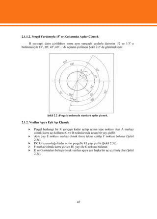 2.1.1.2. Pergel Yardımıyla 15o ve Katlarında Açılar Çizmek

     R yarıçaplı daire çizildikten sonra aynı yarıçaplı yaylarla dairenin 1/2 ve 1/3’ e
bölünmesiyle 15o, 30o, 45o, 60o…vb. açıların çizilmesi Şekil 2.2’ de görülmektedir.




                    Şekil 2.2 :Pergel yardımıyla standart açılar çizmek.

2.1.2. Verilen Açıya Eşit Açı Çizmek

        Pergel herhangi bir R yarıçapı kadar açılıp açının tepe noktası olan A merkez
         olmak üzere açı kollarını C ve D noktalarında kesen bir yay çizilir.
        Aynı yay E noktası merkez olmak üzere tekrar çizilip F noktası bulunur (Şekil
         2.3a).
        DC kiriş uzunluğu kadar açılan pergelle R1 yayı çizilir (Şekil 2.3b).
        F merkez olmak üzere çizilen R1 yayı ile G noktası bulunur.
        E ve G noktaları birleştirilerek verilen açıya eşit başka bir açı çizilmiş olur (Şekil
         2.3c).




                                             47
 