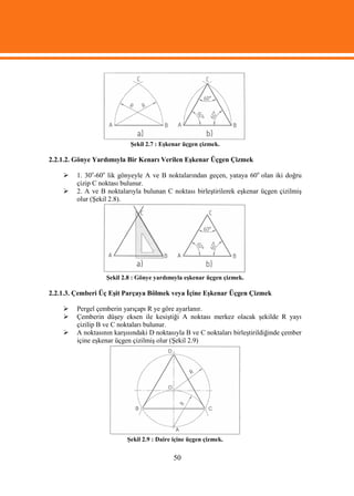 Şekil 2.7 : Eşkenar üçgen çizmek.

2.2.1.2. Gönye Yardımıyla Bir Kenarı Verilen Eşkenar Üçgen Çizmek

       1. 30o-60o lik gönyeyle A ve B noktalarından geçen, yataya 60o olan iki doğru
        çizip C noktası bulunur.
       2. A ve B noktalarıyla bulunan C noktası birleştirilerek eşkenar üçgen çizilmiş
        olur (Şekil 2.8).




                  Şekil 2.8 : Gönye yardımıyla eşkenar üçgen çizmek.

2.2.1.3. Çemberi Üç Eşit Parçaya Bölmek veya İçine Eşkenar Üçgen Çizmek

       Pergel çemberin yarıçapı R ye göre ayarlanır.
       Çemberin düşey eksen ile kesiştiği A noktası merkez olacak şekilde R yayı
        çizilip B ve C noktaları bulunur.
       A noktasının karşısındaki D noktasıyla B ve C noktaları birleştirildiğinde çember
        içine eşkenar üçgen çizilmiş olur (Şekil 2.9)




                          Şekil 2.9 : Daire içine üçgen çizmek.


                                           50
 