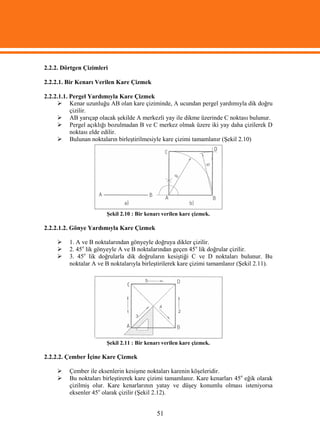 2.2.2. Dörtgen Çizimleri

2.2.2.1. Bir Kenarı Verilen Kare Çizmek

2.2.2.1.1. Pergel Yardımıyla Kare Çizmek
      Kenar uzunluğu AB olan kare çiziminde, A ucundan pergel yardımıyla dik doğru
           çizilir.
      AB yarıçap olacak şekilde A merkezli yay ile dikme üzerinde C noktası bulunur.
      Pergel açıklığı bozulmadan B ve C merkez olmak üzere iki yay daha çizilerek D
           noktası elde edilir.
      Bulunan noktaların birleştirilmesiyle kare çizimi tamamlanır (Şekil 2.10)




                       Şekil 2.10 : Bir kenarı verilen kare çizmek.

2.2.2.1.2. Gönye Yardımıyla Kare Çizmek

        1. A ve B noktalarından gönyeyle doğruya dikler çizilir.
        2. 45o lik gönyeyle A ve B noktalarından geçen 45o lik doğrular çizilir.
        3. 45o lik doğrularla dik doğruların kesiştiği C ve D noktaları bulunur. Bu
         noktalar A ve B noktalarıyla birleştirilerek kare çizimi tamamlanır (Şekil 2.11).




                       Şekil 2.11 : Bir kenarı verilen kare çizmek.

2.2.2.2. Çember İçine Kare Çizmek

        Çember ile eksenlerin kesişme noktaları karenin köşeleridir.
        Bu noktaları birleştirerek kare çizimi tamamlanır. Kare kenarları 45o eğik olarak
         çizilmiş olur. Kare kenarlarının yatay ve düşey konumlu olması isteniyorsa
         eksenler 45o olarak çizilir (Şekil 2.12).


                                            51
 
