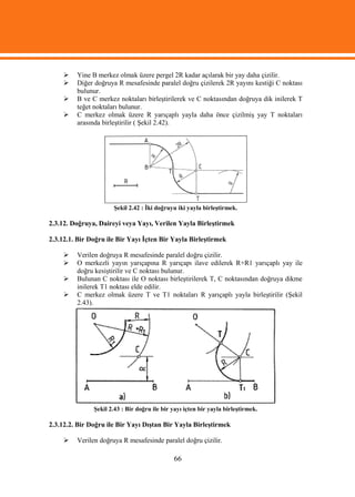     Yine B merkez olmak üzere pergel 2R kadar açılarak bir yay daha çizilir.
        Diğer doğruya R mesafesinde paralel doğru çizilerek 2R yayını kestiği C noktası
         bulunur.
        B ve C merkez noktaları birleştirilerek ve C noktasından doğruya dik inilerek T
         teğet noktaları bulunur.
        C merkez olmak üzere R yarıçaplı yayla daha önce çizilmiş yay T noktaları
         arasında birleştirilir ( Şekil 2.42).




                      Şekil 2.42 : İki doğruyu iki yayla birleştirmek.

2.3.12. Doğruya, Daireyi veya Yayı, Verilen Yayla Birleştirmek

2.3.12.1. Bir Doğru ile Bir Yayı İçten Bir Yayla Birleştirmek

        Verilen doğruya R mesafesinde paralel doğru çizilir.
        O merkezli yayın yarıçapına R yarıçapı ilave edilerek R+R1 yarıçaplı yay ile
         doğru kesiştirilir ve C noktası bulunur.
        Bulunan C noktası ile O noktası birleştirilerek T, C noktasından doğruya dikme
         inilerek T1 noktası elde edilir.
        C merkez olmak üzere T ve T1 noktaları R yarıçaplı yayla birleştirilir (Şekil
         2.43).




               Şekil 2.43 : Bir doğru ile bir yayı içten bir yayla birleştirmek.

2.3.12.2. Bir Doğru ile Bir Yayı Dıştan Bir Yayla Birleştirmek

        Verilen doğruya R mesafesinde paralel doğru çizilir.

                                              66
 