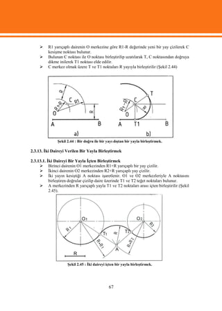     R1 yarıçaplı dairenin O merkezine göre R1-R değerinde yeni bir yay çizilerek C
          kesişme noktası bulunur.
         Bulunan C noktası ile O noktası birleştirilip uzatılarak T, C noktasından doğruya
          dikme inilerek T1 noktası elde edilir.
         C merkez olmak üzere T ve T1 noktaları R yayıyla birleştirilir (Şekil 2.44)




               Şekil 2.44 : Bir doğru ile bir yayı dıştan bir yayla birleştirmek.

2.3.13. İki Daireyi Verilen Bir Yayla Birleştirmek

2.3.13.1. İki Daireyi Bir Yayla İçten Birleştirmek
      Birinci dairenin O1 merkezinden R1+R yarıçaplı bir yay çizilir.
      İkinci dairenin O2 merkezinden R2+R yarıçaplı yay çizilir.
      İki yayın kesiştiği A noktası işaretlenir. O1 ve O2 merkezleriyle A noktasını
           birleştiren doğrular çizilip daire üzerinde T1 ve T2 teğet noktaları bulunur.
      A merkezinden R yarıçaplı yayla T1 ve T2 noktaları arası içten birleştirilir (Şekil
           2.45).




                     Şekil 2.45 : İki daireyi içten bir yayla birleştirmek.




                                               67
 