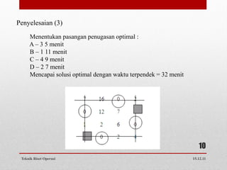 Penyelesaian (3)
     Menentukan pasangan penugasan optimal :
     A – 3 5 menit
     B – 1 11 menit
     C – 4 9 menit
     D – 2 7 menit
     Mencapai solusi optimal dengan waktu terpendek = 32 menit




                                                                    10
 Teknik Riset Operasi                                            15.12.11
 
