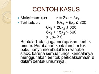 CONTOH KASUS
   Maksimumkan         z = 2x1 + 3x2
   Terhadap :          10x1 + 5x2 ≤ 600
                  6x1 + 20x2 ≤ 600
                  8x1 + 15x2 ≤ 600
                  x1, x2 ≥ 0
    Bentuk di atas juga merupakan bentuk
    umum. Perubahan ke dalam bentuk
    baku hanya membutuhkan variabel
    slack, karena semua fungsi kendalanya
    menggunakan bentuk pertidaksamaan ≤
    dalam bentuk umumnya.

                         NURHALIMA          4
 
