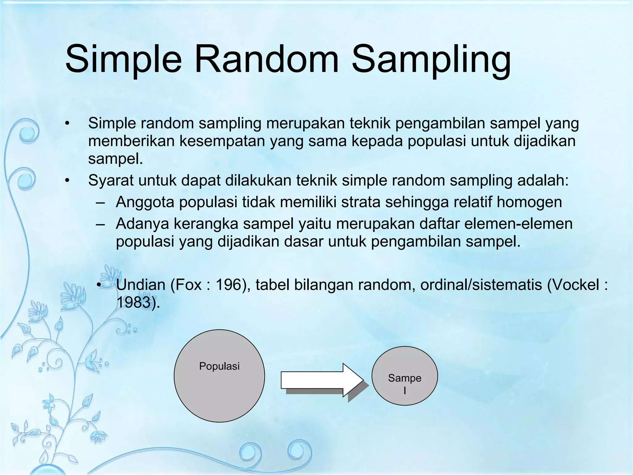 Simple Random Sampling Simple random sampling merupakan teknik pengambilan sampel yang memberikan kesempatan yang sama kepada populasi untuk dijadikan sampel. Syarat untuk dapat dilakukan teknik simple random sampling adalah: Anggota populasi tidak memiliki strata sehingga relatif homogen Adanya kerangka sampel yaitu merupakan daftar elemen-elemen populasi yang dijadikan dasar untuk pengambilan sampel. Undian (Fox : 196), tabel bilangan random, ordinal/sistematis (Vockel : 1983). Populasi Sampel 