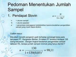 Pedoman Menentukan Jumlah Sampel Pendapat Slovin n = ukuran sampel N = ukuran populasi e = persentase kelonggaran ketidaktelitian karena kesalahan pengambilan sampel yang masih dapat ditolerir. Contoh kasus: Kita akan meneliti pengaruh upah terhadap semangat kerja pada karyawan PT. Rangkaian Berlian. Di dalam PT tersebut terdapat 130 orang karyawan.  Dengan tingkat kesalahan pengambilan sampel sebesar 5%, berapa jumlah sampel minimal yang harus diambil ? 