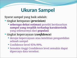 Ukuran Sampel
Syarat sampel yang baik adalah:
 tingkat ketepatan (precision)
 seberapa dekat estimasi peneliti berdasarkan
sampel yang terpilih terhadap karakteristik
yang sebenarmya dari populasi
 tingkat kepercayaan (confidence)
 derajat kepercayaan atau ketelitian pengambilan
sebuah sampel
 Confidence level 95%-99%.
 Semakin tinggi Condidence level semakin dapat
dipercaya data tersebut.
 