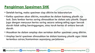 Pengiriman Spesimen SHK
• Setelah kering, maka spesimen siap dikirim ke laboratorium
• Ketika spesimen akan dikirim, masukkan ke dalam kantong plastik zip
lock. Satu lembar kertas saring dimasukkan ke dalam satu plastik. Dapat
juga dengan menyusun kertas saring secara selang-seling agar bercak
darah tidak saling bersinggungan, atau taruh kertas di antara bercak
darah.
• Masukkan ke dalam amplop dan sertakan daftar spesimen yang dikirim.
• Amplop berisi spesimen dimasukkan ke dalam kantong plastik agar tidak
tertembus cairan/kontaminan sepanjang perjalanan.
33
 