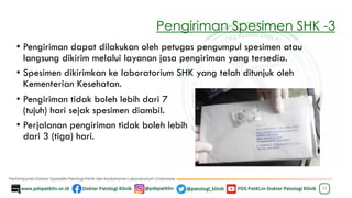 Pengiriman Spesimen SHK -3
• Pengiriman dapat dilakukan oleh petugas pengumpul spesimen atau
langsung dikirim melalui layanan jasa pengiriman yang tersedia.
• Spesimen dikirimkan ke laboratorium SHK yang telah ditunjuk oleh
Kementerian Kesehatan.
35
• Pengiriman tidak boleh lebih dari 7
(tujuh) hari sejak spesimen diambil.
• Perjalanan pengiriman tidak boleh lebih
dari 3 (tiga) hari.
 