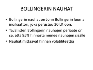BOLLINGERIN NAUHAT<br />Bollingerin nauhat on John Bollingerin luoma indikaattori, joka perustuu 20 LK:oon.<br />Tavallist...