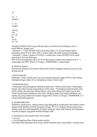 -
30
2,5 – 5
semprot
5 – 10
semprot
TOTAL
150
25 - 50
80
10-20
10 - 20
Siramkan SUPER NASA yang telah dicampur air, merata di atas bedengan, dosis ± 1
botol/1000 m2 dengan cara :
- alternatif 1 ; 1 botol SUPER NASA diencerkan dalam 3 lt air (jadi larutan induk).
Kemudian setiap 50 lt air diberi 200 cc larutan induk tadi untuk menyiram bedengan.
- alternatif 2 ; setiap 1 gembor (10 lt) beri 1 sendok peres makan SUPER NASA untuk
menyiram 5-10 meter bedengan.
POC NASA disemprotkan umur 20, 30, 50 dan 60 hari setelah tanam dengan dosis 4 - 5
tutup/tangki atau POC NASA (3-4 tutup) + HORMONIK (1 tutup)/tangki.
H. PENYULAMAN
Penyulaman dilakukan satu bulan setelah tanam untuk mengganti tanaman yang mati atau
kurang normal
I. PENYIANGAN
Dilakukan 2 bulan setelah tanam atau saat tanaman mencapai tinggi 20-30 cm dan cabang
bertingkat dengan radius 20 cm. Selanjutnya setiap 3 bulan sekali
J. PEMANGKASAN
- Penjarangan dan pemangkasan dilakukan pada umur 3 bulan setelah tanam. Penjarangan
dengan mencabut tanaman yang jaraknya terlalu rapat. - Pemangkasan pada tanaman yang
terlalu rimbun dan menutupi cabang lainnya, yaitu pada cabang dari tingkat tiga ke atas.
Untuk mempercepat tumbuhnya tunas baru, sebaiknya dalam tiap rumpun dibiarkan satu
cabang saja yang tumbuh dan semprot dengan POC NASA (3-4 tutup) + HORMONIK (1-2
tutup) setelah pemangkasan.
K. PEMBUMBUNAN
Dilakukan setelah panen, cabang-cabang yang ditinggalkan setelah panen dan letaknya dekat
dengan tanah ditimbun di dekat ujungnya setinggi 10-15 cm. Sedang cabang-cabang yang
letaknya jauh dari tanah dipatahkan di bagian ujungnya, tetapi tidak terputus dari batangnya,
sesudah itu bagian yang patah ditimbun dengan tanah.
L. PENGELOLAAN HAMA DAN PENYAKIT
1. H a m a
a. Ulat Penggulung Daun (Pachyzaneba stutalis)
Ulat hidup dalam gulungan daun muda, sambil memakan daun yang tumbuh, serangan berat
 