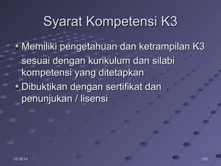 10510512/16/1412/16/14
Syarat Kompetensi K3Syarat Kompetensi K3
Memiliki pengetahuan dan ketrampilan K3Memiliki pengetahuan dan ketrampilan K3
sesuai dengan kurikulum dan silabisesuai dengan kurikulum dan silabi
kompetensi yang ditetapkankompetensi yang ditetapkan
Dibuktikan dengan sertifikat danDibuktikan dengan sertifikat dan
penunjukan / lisensipenunjukan / lisensi
 