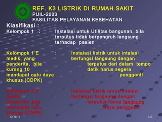 13013012/16/1412/16/14
Klasifikasi :
Kelompok 1 : Instalasi untuk Utilitas bangunan, bila
terputus tidak berpengruh langsung
terhadap pasien
Kelompok 1 E : Instalasi listrik untuk intalasi
medik, yang berfungsi langsung dengan
penderita, bila terputus dari dalam tempo
kurang 10 detik harus segera
mendapat catu daya pengganti
khusus (CDPK)
Kelompok 2 E : Instalasi listrik untuk intalasi
medik berfungsi langsung dengan
penderita, bila terputus harus langsung
mendapat catu daya pengganti
khusus (CDPK)
REF. K3 LISTRIK DI RUMAH SAKIT
PUIL-2000
FASILITAS PELAYANAN KESEHATAN
 