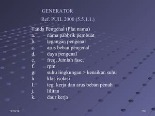 13613612/16/1412/16/14
GENERATOR
Ref. PUIL 2000 (5.5.1.1.)
a. nama pabbrik pembuat
b. tegangan pengenal
c. arus beban pengenal
d. daya pengenal
e. freq, Jumlah fase,
f. rpm
g. suhu lingkungan > kenaikan suhu
h. klas isolasi
I. teg. kerja dan arus beban penuh
j. lilitan
k. daur kerja
Tanda Pengenal (Plat nama)
 