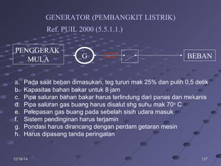 13713712/16/1412/16/14
GENERATOR (PEMBANGKIT LISTRIK)
Ref. PUIL 2000 (5.5.1.1.)
a. Pada saat beban dimasukan, teg turun mak 25% dan pulih 0,5 detik
b. Kapasitas bahan bakar untuk 8 jam
c. Pipa saluran bahan bakar harus terlindung dari panas dan mekanis
d. Pipa saluran gas buang harus disalut shg suhu mak 70o
C
e. Pelepasan gas buang pada sebelah sisih udara masuk
f. Sistem pendinginan harus terjamin
g. Pondasi harus dirancang dengan perdam getaran mesin
h. Harus dipasang tanda peringatan
PENGGERAK
MULA G BEBAN
 