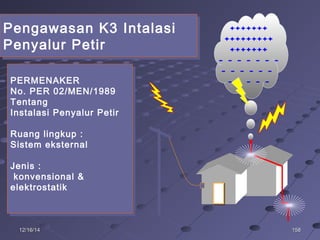 15815812/16/1412/16/14
Pengawasan K3 Intalasi
Penyalur Petir
Pengawasan K3 Intalasi
Penyalur Petir
+++++++
+++++++++
+++++++
- - - - - - -
- - - - - -
- - - - -PERMENAKER
No. PER 02/MEN/1989
Tentang
Instalasi Penyalur Petir
Ruang lingkup :
Sistem eksternal
Jenis :
konvensional &
elektrostatik
PERMENAKER
No. PER 02/MEN/1989
Tentang
Instalasi Penyalur Petir
Ruang lingkup :
Sistem eksternal
Jenis :
konvensional &
elektrostatik
 