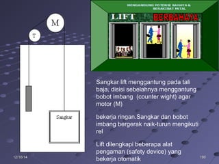 18618612/16/1412/16/14
Sangkar lift menggantung pada tali
baja, disisi sebelahnya menggantung
bobot imbang (counter wight) agar
motor (M)
bekerja ringan.Sangkar dan bobot
imbang bergerak naik-turun mengikuti
rel
Lift dilengkapi beberapa alat
pengaman (safety device) yang
bekerja otomatik
 