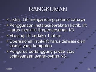 20220212/16/1412/16/14
RANGKUMANRANGKUMAN
Listrik, Lift mengandung potensi bahayaListrik, Lift mengandung potensi bahaya
Penggunaan instalasi/peralatan listrik, liftPenggunaan instalasi/peralatan listrik, lift
harus memiliki ijin/pengesahan K3harus memiliki ijin/pengesahan K3
Masa uji lift berlaku 1 tahunMasa uji lift berlaku 1 tahun
Operasional listrik/lift harus diawasi olehOperasional listrik/lift harus diawasi oleh
teknisi yang kompetenteknisi yang kompeten
Pengurus bertanggung jawab atasPengurus bertanggung jawab atas
pelaksanaan syarat-syarat K3pelaksanaan syarat-syarat K3
 