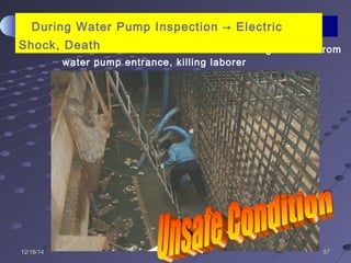 575712/16/1412/16/14
• Contents: Electrocuted while removing residue from
water pump entrance, killing laborer
During Water Pump Inspection → Electric
Shock, Death
 