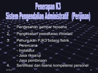 979712/16/1412/16/14
1. Pengesahan gambar rencana
2 Pengesahan pemakaian instalasi
3. Penunjukan PJK3 bidang listrik
- Perencana
- Instalatur
- Jasa riksa/uji
- Jasa pembinaan
4. Sertifikasi dan lisensi kompetensi personel
 
