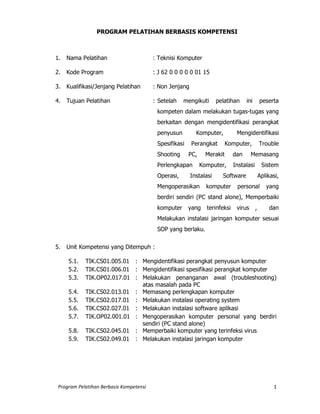 Program Pelatihan Berbasis Kompetensi 1
PROGRAM PELATIHAN BERBASIS KOMPETENSI
1. Nama Pelatihan
1. Nama Pelatihan : Teknisi Komputer
2. Kode Program
2. Kode Program : J 62 0 0 0 0 0 01 15
3. Kualifikasi/Jenjang Pelatihan
3. Kualifikasi/Jenjang Pelatihan : Non Jenjang
4. Tujuan Pelatihan
4. Tujuan Pelatihan : Setelah mengikuti pelatihan ini peserta
kompeten dalam melakukan tugas-tugas yang
berkaitan dengan mengidentifikasi perangkat
penyusun Komputer, Mengidentifikasi
Spesifikasi Perangkat Komputer, Trouble
Shooting PC, Merakit dan Memasang
Perlengkapan Komputer, Instalasi Sistem
Operasi, Instalasi Software Aplikasi,
Mengoperasikan komputer personal yang
berdiri sendiri (PC stand alone), Memperbaiki
komputer yang terinfeksi virus , dan
Melakukan instalasi jaringan komputer sesuai
SOP yang berlaku.
5. Unit Kompetensi yang Ditempuh
5. Unit Kompetensi yang Ditempuh :
5.1. TIK.CS01.005.01 : Mengidentifikasi perangkat penyusun komputer
5.2. TIK.CS01.006.01 : Mengidentifikasi spesifikasi perangkat komputer
5.3. TIK.OP02.017.01 : Melakukan penanganan awal (troubleshooting)
atas masalah pada PC
5.4. TIK.CS02.013.01 : Memasang perlengkapan komputer
5.5. TIK.CS02.017.01 : Melakukan instalasi operating system
5.6. TIK.CS02.027.01 : Melakukan instalasi software aplikasi
5.7. TIK.OP02.001.01 : Mengoperasikan komputer personal yang berdiri
sendiri (PC stand alone)
5.8. TIK.CS02.045.01 : Memperbaiki komputer yang terinfeksi virus
5.9. TIK.CS02.049.01 : Melakukan instalasi jaringan komputer
6. Unit Kompetensi Prasyarat
7. Perkiraan Waktu Pelatihan
 