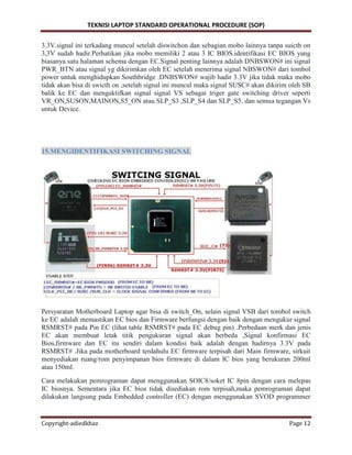 TEKNISI LAPTOP STANDARD OPERATIONAL PROCEDURE (SOP)
Copyright-adiedkhaz Page 12
3.3V.signal ini terkadang muncul setelah diswitchon dan sebagian mobo lainnya tanpa suicth on
3,3V sudah hadir.Perhatikan jika mobo memiliki 2 atau 3 IC BIOS.identifikasi EC BIOS yang
biasanya satu halaman schema dengan EC.Signal penting lainnya adalah DNBSWON# ini signal
PWR_BTN atau signal yg dikirimkan oleh EC setelah menerima signal NBSWON# dari tombol
power untuk menghidupkan Southbridge .DNBSWON# wajib hadir 3.3V jika tidak maka mobo
tidak akan bisa di swicth on ,setelah signal ini muncul maka signal SUSC# akan dikirim oleh SB
balik ke EC dan mengaktifkan signal signal VS sebagai triger gate switching driver seperti
VR_ON,SUSON,MAINON,S5_ON atau SLP_S3 ,SLP_S4 dan SLP_S5. dan semua tegangan Vs
untuk Device.
15.MENGIDENTIFIKASI SWITCHING SIGNAL
Persyaratan Motherboard Laptop agar bisa di switch_On, selain signal VSB dari tombol switch
ke EC adalah memastikan EC bios dan Firmware berfungsi dengan baik dengan mengukur signal
RSMRST# pada Pin EC (lihat table RSMRST# pada EC debug pin) .Perbedaan merk dan jenis
EC akan membuat letak titik pengukuran signal akan berbeda ,Signal konfirmasi EC
Bios,firmware dan EC itu sendiri dalam kondisi baik adalah dengan hadirnya 3.3V pada
RSMRST# .Jika pada motherboard terdahulu EC firmware terpisah dari Main firmware, sirkuit
menyediakan ruang/rom penyimpanan bios firmware di dalam IC bios yang berukuran 200ml
atau 150ml.
Cara melakukan pemrograman dapat menggunakan SOIC8/soket IC 8pin dengan cara melepas
IC biosnya. Sementara jika EC bios tidak disediakan rom terpisah,maka pemrograman dapat
dilakukan langsung pada Embedded controller (EC) dengan menggunakan SVOD programmer
 