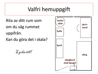 Valfri hemuppgift
Rita av ditt rum som
om du såg rummet
uppifrån.
Kan du göra det i skala?
Lycka till!
 