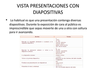 VISTA PRESENTACIONES CON
DIAPOSITIVAS
• Lo habitual es que una presentación contenga diversas
diapositivas. Durante la exposición de cara al público es
imprescindible que sepas moverte de una a otra con soltura
para ir avanzando.
 