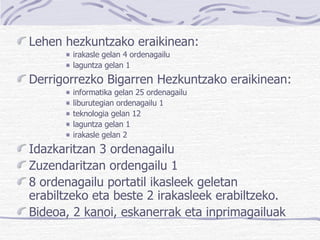 Lehen hezkuntzako eraikinean: irakasle gelan 4 ordenagailu laguntza gelan 1 Derrigorrezko Bigarren Hezkuntzako eraikinean: informatika gelan 25 ordenagailu liburutegian ordenagailu 1 teknologia gelan 12 laguntza gelan 1 irakasle gelan 2 Idazkaritzan 3 ordenagailu  Zuzendaritzan ordengailu 1  8 ordenagailu portatil ikasleek geletan erabiltzeko eta beste 2 irakasleek erabiltzeko. Bideoa, 2 kanoi, eskanerrak eta inprimagailuak 