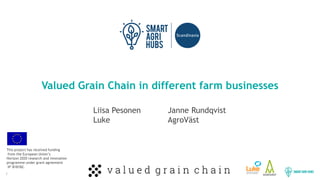 1
Valued Grain Chain in different farm businesses
Liisa Pesonen
Luke
Janne Rundqvist
AgroVäst
This project has received funding
from the European Union’s
Horizon 2020 research and innovation
programme under grant agreement
Nº 818182.
 