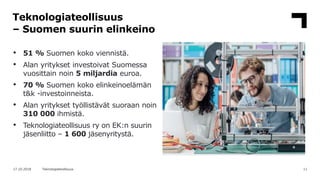 Teknologiateollisuus
– Suomen suurin elinkeino
1117.10.2018 Teknologiateollisuus
• 51 % Suomen koko viennistä.
• Alan yrit...
