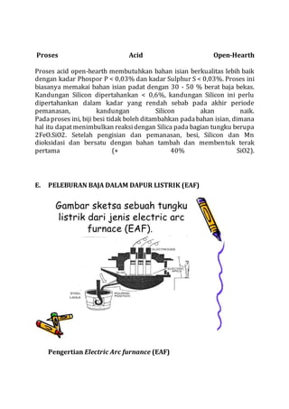 Proses Acid Open-Hearth
Proses acid open-hearth membutuhkan bahan isian berkualitas lebih baik
dengan kadar Phospor P < 0,03% dan kadar Sulphur S < 0,03%. Proses ini
biasanya memakai bahan isian padat dengan 30 - 50 % berat baja bekas.
Kandungan Silicon dipertahankan < 0,6%, kandungan Silicon ini perlu
dipertahankan dalam kadar yang rendah sebab pada akhir periode
pemanasan, kandungan Silicon akan naik.
Padaproses ini, biji besi tidak boleh ditambahkan padabahan isian, dimana
hal itu dapatmenimbulkan reaksidengan Silica pada bagian tungku berupa
2FeO.SiO2. Setelah pengisian dan pemanasan, besi, Silicon dan Mn
dioksidasi dan bersatu dengan bahan tambah dan membentuk terak
pertama (+ 40% SiO2).
E. PELEBURAN BAJA DALAM DAPUR LISTRIK (EAF)
Pengertian Electric Arc furnance (EAF)
 