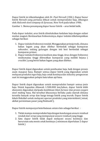 Dapur listrik ini dikembangkan oleh Dr. Paul Heroult ( USA ). Dapur busur
listrik Heroult yang pertama dibuat untuk memproduksi baja, dibangun
oleh Halcomb steel company di Syracuse, New York pada tahun 1906.
Gambar 1. Skema penampang dapur busur listrik – arus bolak balik.
Pada dapur induksi, arus listrik diinduksikan kedalam baja dengan osilasi
medan magnet. Berdasarkan frekwensinya, dapur induksi dikelompokkan
sebagai berikut:
1. Dapur induksifrekwensirendah. Menggunakan prinsip trafo, dimana
bahan logam yang akan dilebur bertindak sebagai kumparan
sekunder, sedang gulungan dengan inti besi bertindak sebagai
kumparan primer.
2. Dapur induksifrekwensimedium atau tinggi. Arus dengan frekwensi
mediumatau tinggi dilewatkan kumparan yang meliliti bejana (
crucible ) yang berisi bahan logam yang akan dilebur.
Dapur listrik dapat digunakan untuk pembuatan baja, baik dengan proses
asam maupun basa. Hampir semua dapur listrik yang digunakan untuk
melayaniproduksi ingot baja, baja cetak kontinyadan industry pengecoran
saat ini menggunakan pelapis bata tahan api basa.
Dapur listrik dapat digunakan untuk memproduksi hampir semua jenis
baja. Untuk kapasitas dibawah 1.500.000 ton/tahun, dapur listrik lebih
ekonomis digunakan daripada kombinasi blast furnace dan proses oxygen
steel making basa. Hal tersebut khususnya berlaku pada daerah dimana
tersedia banyak scrap dan harga tenaga listrik yang murah. Dapur listrik
lebuh fleksibel untuk melayani operasi produksi yang intermittent ( misal,
akibat permintaan pasar yang fluktuatif ).
Dapur listrik mempunyai keterbatasan antara lain sebagai berikut :
1. Tidak mampu memproduksibajadengan kandungan unsure residual
rendah dari scrap yang mempunyai unsure residual yang tinggi.
2. Satu dapur listrik tidak dapat melayani secara kontinyu dan
berurutan satu mesin cetak kontinyu ( minimum diperlukan 2 dapur
listrik )
 